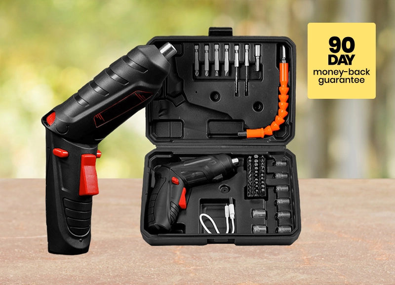 Black and red cordless driver beside an open case of bits and an orange flexible shaft.